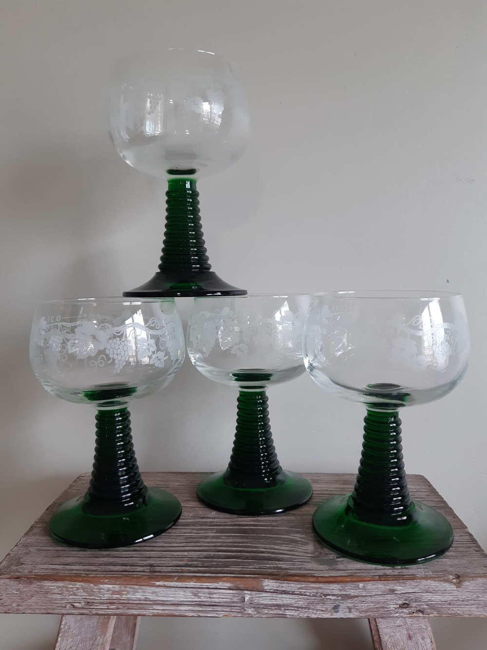Green Stem Etched French Goblets - 0.2 L Wine Glasses (set of 4)